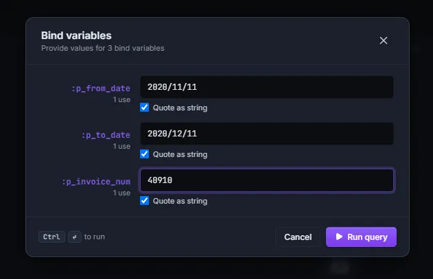 Bind variables dialog with three placeholders — p_from_date, p_to_date, p_invoice_num — and sample values