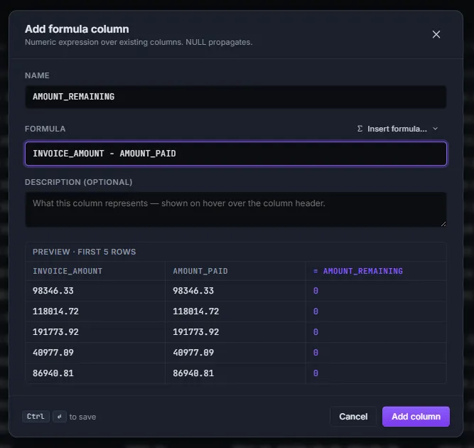Add formula column dialog with an AMOUNT_REMAINING expression filled in and the live preview pane visible