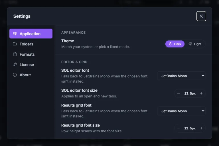Settings dialog open on the Application tab, with the five tabs visible on the left