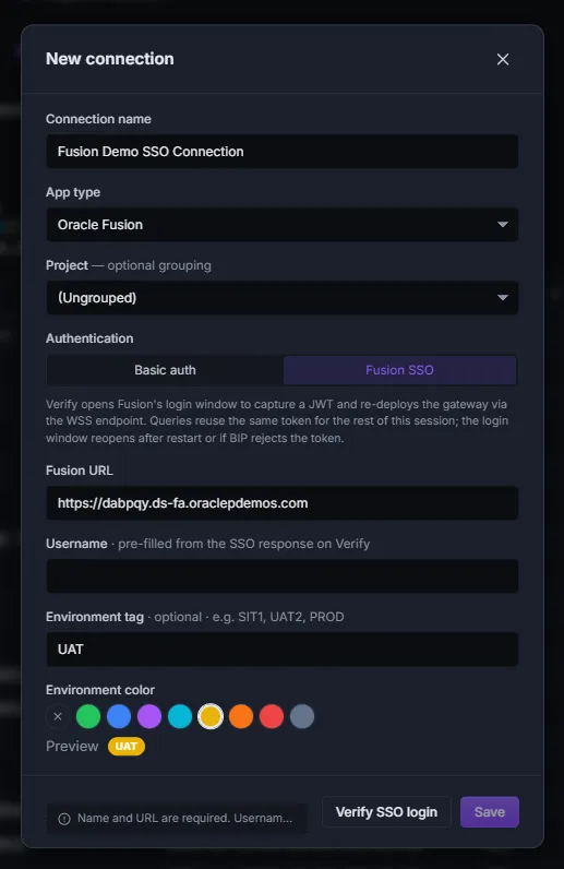New connection dialog with Fusion SSO selected, showing the Verify SSO login button