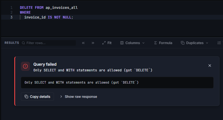 Data Collage rejecting a DELETE statement against AP_INVOICES_ALL with the message Only SELECT and WITH statements are allowed (got DELETE).