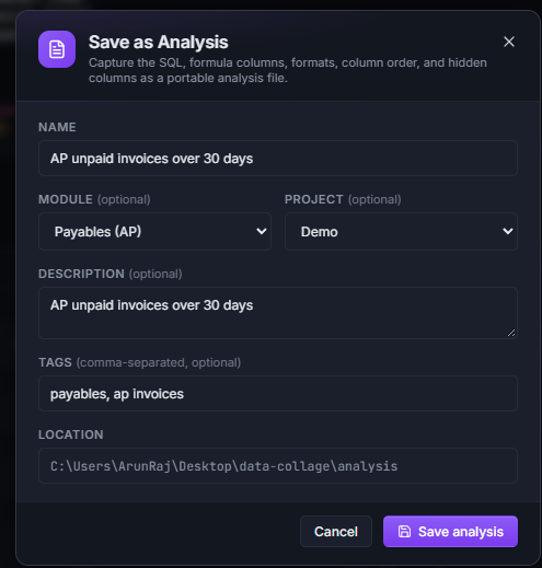 Data Collage Save as Analysis dialog for AP unpaid invoices over 30 days, with Payables module, Demo project, description, tags, location, and Save analysis button.