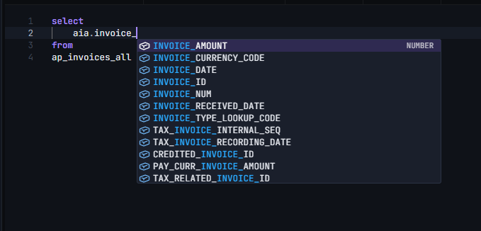 Data Collage SQL editor showing Oracle Fusion AP invoice column suggestions after typing the table alias and an invoice column prefix.